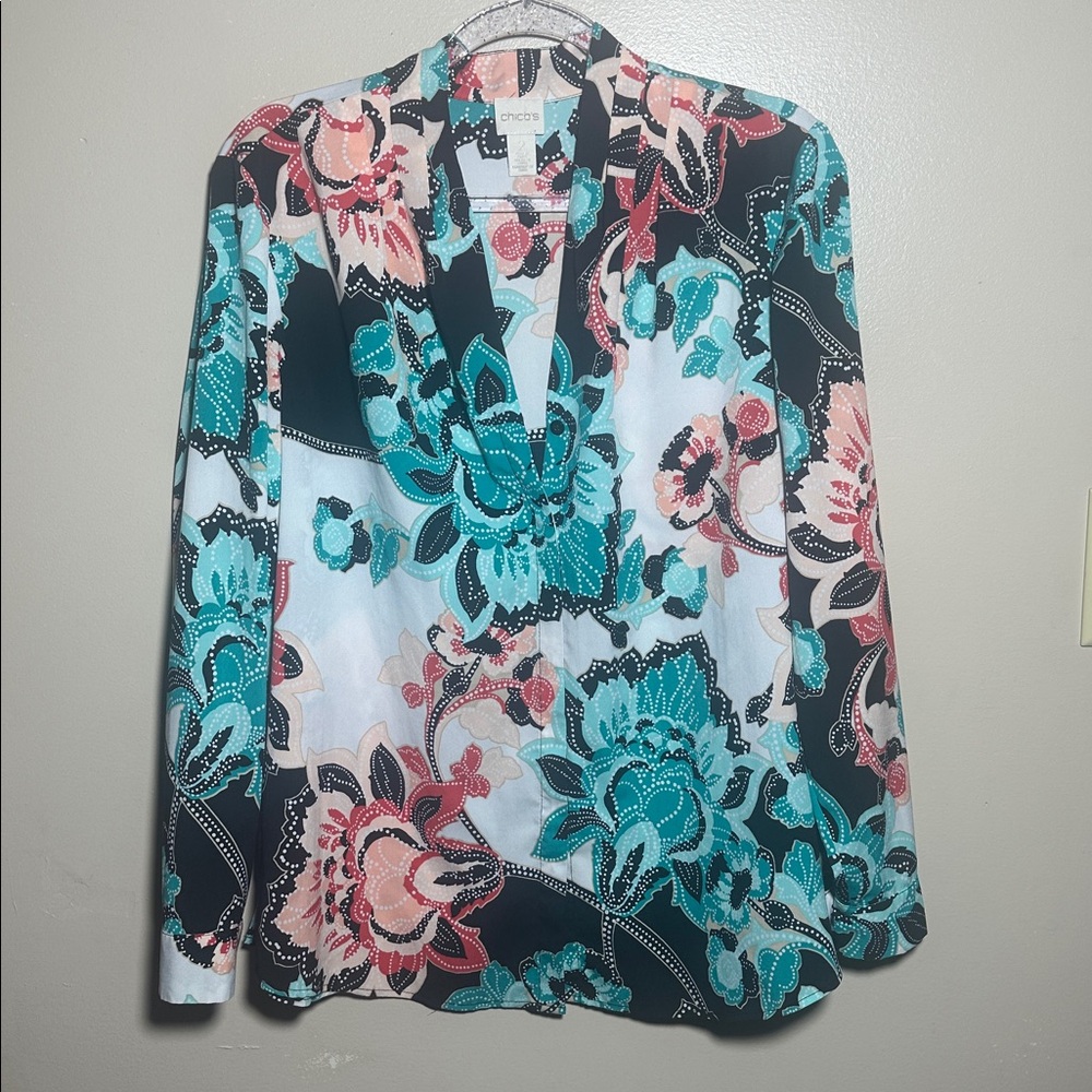 Chico's 2‎ Floral Button Down V Neck Career Top